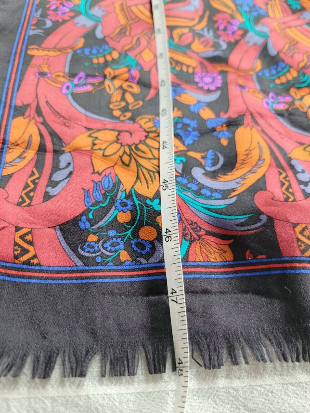 Vintage 100% Silk Oblong Scarf Black Floral Scroll Vibrant Colorful 14